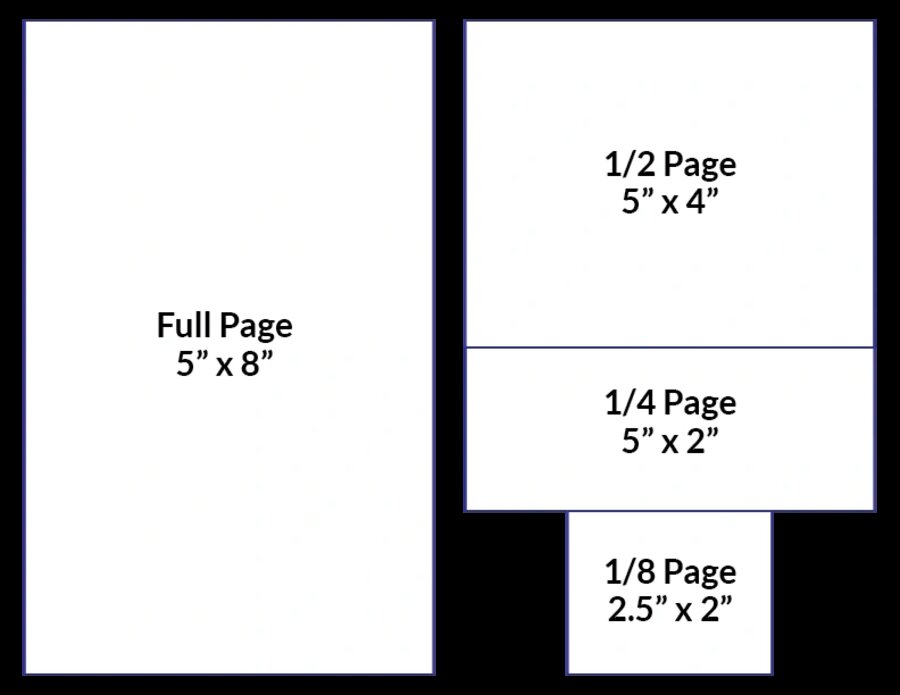 Program ad size diagram: Full Page 5 by 8 inches, Half Page 5 by 4 inches, Quarter Page 5 by 2 inches, Eighth Page 2.5 by 2 inches