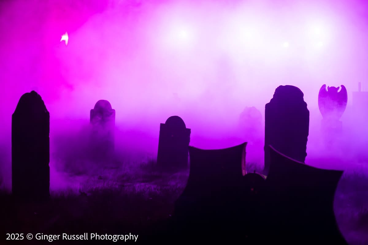 A purple-lit foggy graveyard scene with tombstones, no people