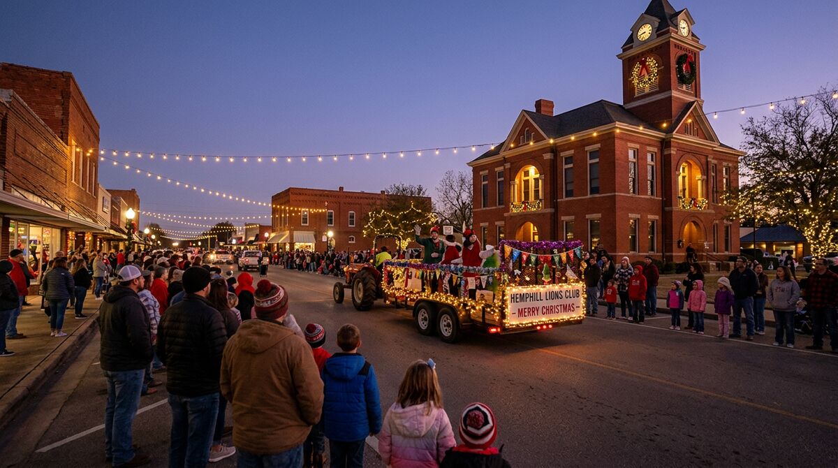 The club's branded Christmas float towed past the lit Hemphill courthouse at dusk, a crowd lining the street
